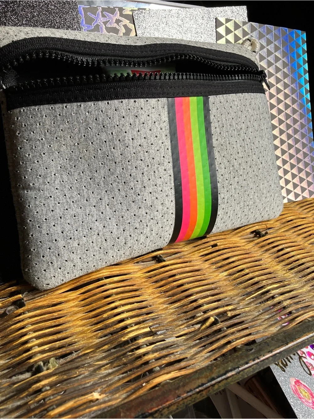 Perforated Grey Neoprene Pouch with Neon Stripe & comes with Cream & Star Balm:)